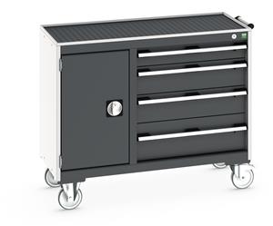 Bott Cubio Mobile Cabinet / Maintenance Trolley measuring 1050mm wide x 525mm deep x 885mm high.Storage comprises of 1 x Cupboard (400mm wide x 600mm high) and 4 x 650mm wide Drawers (1 x 100mm, 2 x 150mm & 1 x 200mm high).... Bott MobileIndustrial Tool Storage Trolleys 1050mm x 525mm